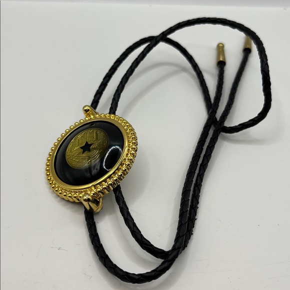 Black and Gold Bolo Tie with Circular Pendant with Star Center Black Braided - Picture 10 of 16